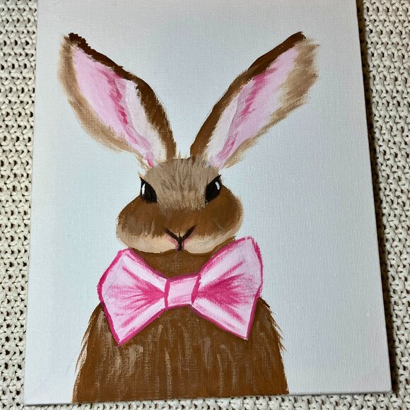 Other - Original 8x10 Bunny Painting • Pink Bow • Cute Cottagecore‎ Wall Art Whimsical